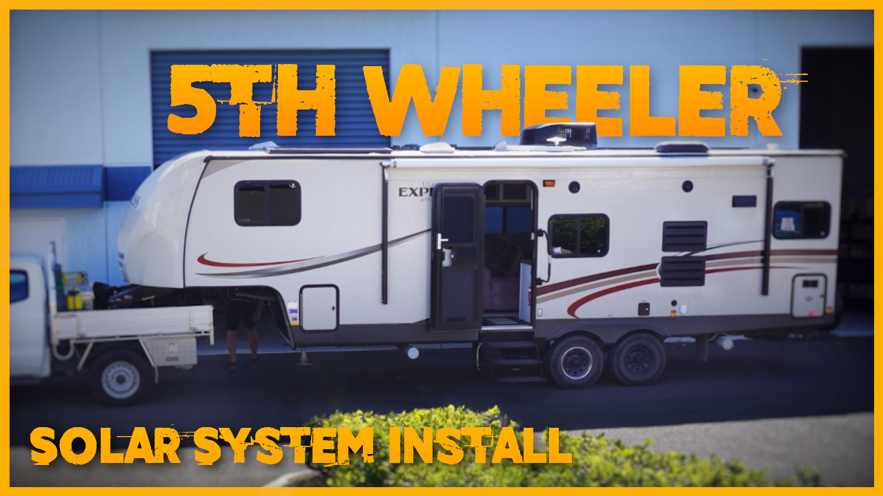 5th Wheeler Solar System Install caravan outside of SolarNSat workshop